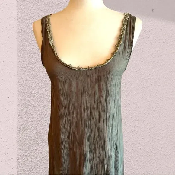 Vintage 70s/80s crinkle fabric sage green midi dress lace hem - Picture 3 of 10